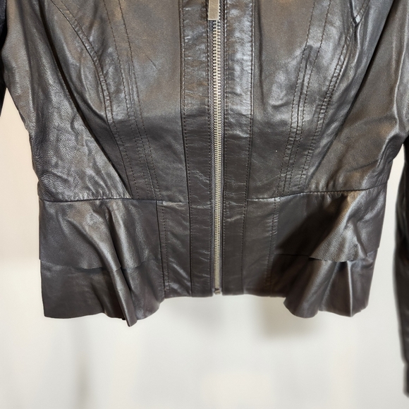 Blanc Nior Black Leather Ruffle Trim Jacket Sz Medium - Picture 3 of 11